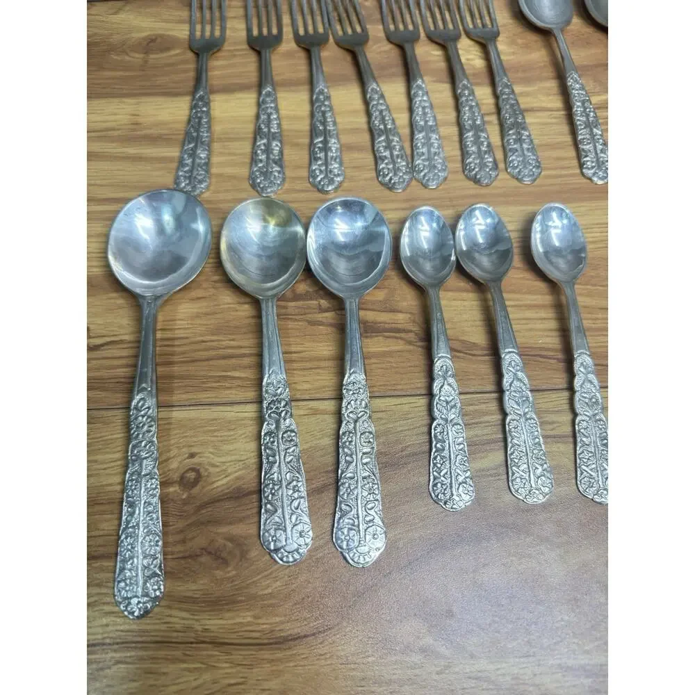 Antique German Silver Alpacca Flatware Set (32 Pieces) - Ornate Scroll Design